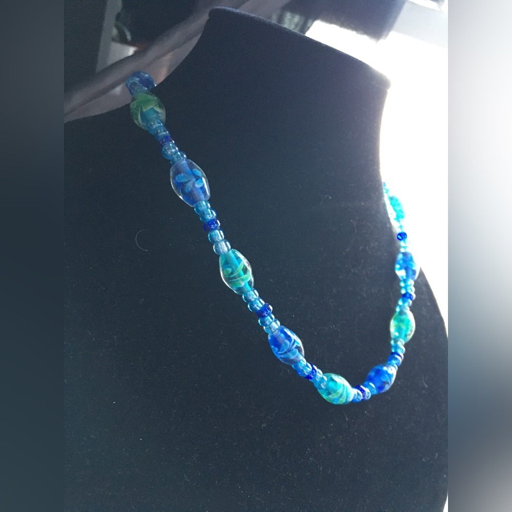 Vintage Cobalt & Iridescent pale blue glass necklace with retro Japanese glass